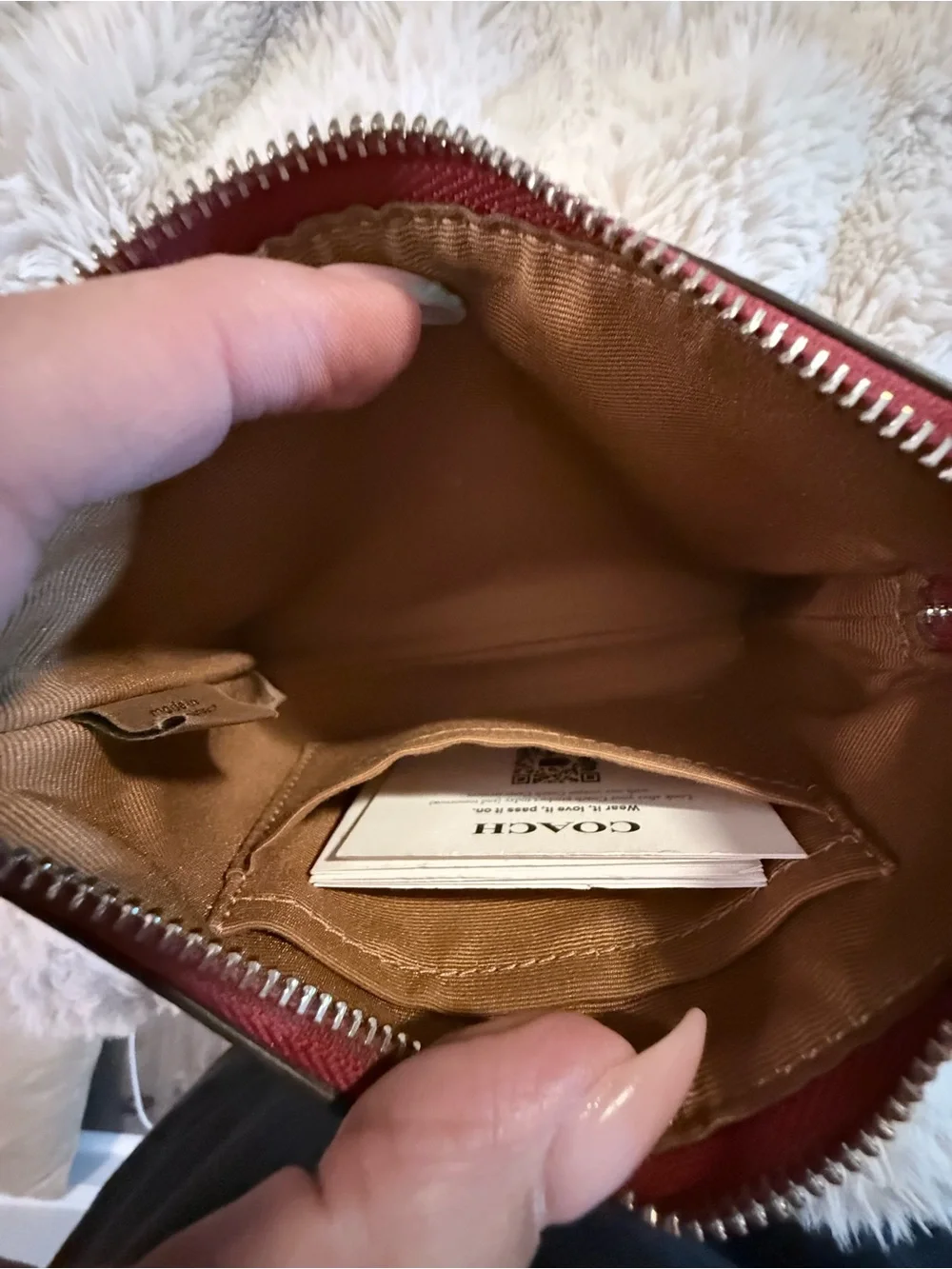 Coach Brown Signature Wristlet with Red Strawberry Graphic